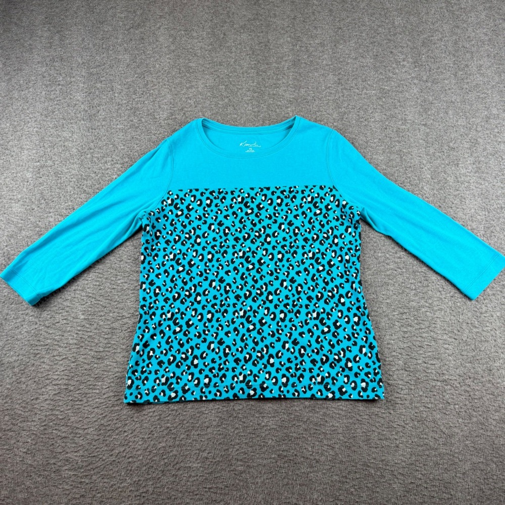 Kim Rogers Top Petite PS Turquoise Blue Leopard Print Long Sleeve Cotton Tee